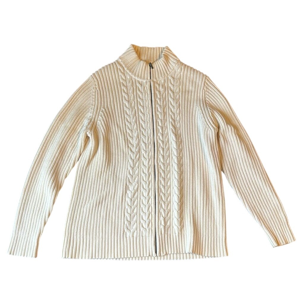 Land's End Cream Full Zip Cable Knit chunky cotton Sweater size large